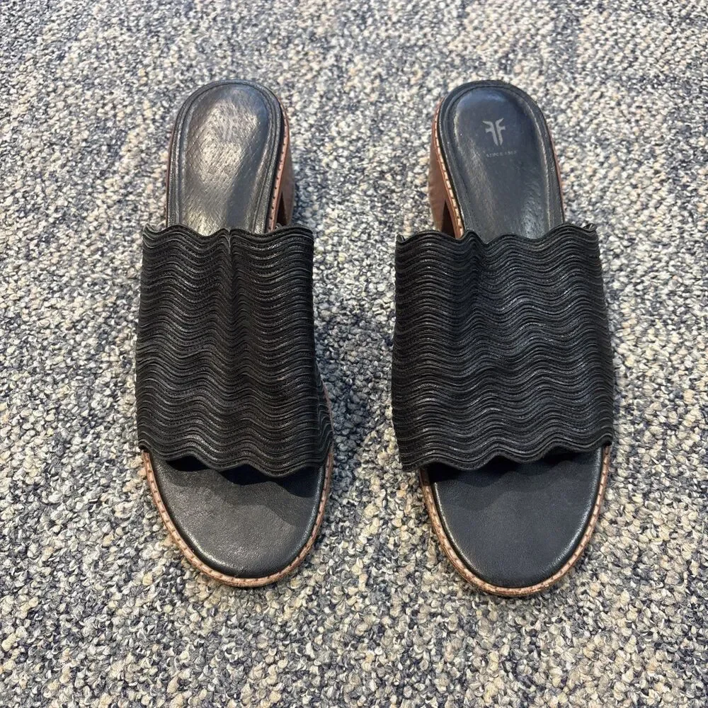Frye Leather Cindy Mule Sandals Size 8.5 Black Heeled